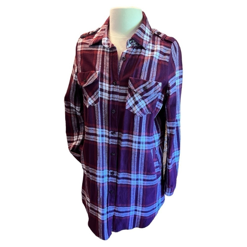 Inso Long Sleeve Hip Length Button Down Plaid Shirt Tab Sleeves Size Large‌‌‌